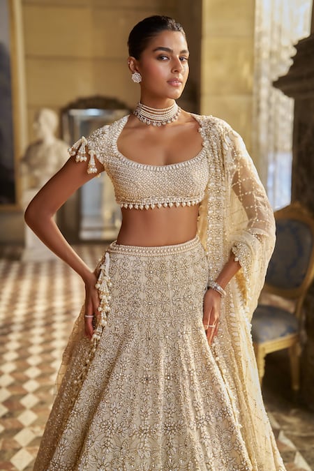 Seema Gujral Ivory Organza Pearls, Sequins, Beads, Tassels, Embroidery Bridal Lehenga Set at Aza Fashions Seema Gujral_Ivory Organza Pearls, Sequins, Beads, Tassels, Embroidery Bridal Lehenga Set _at_Aza_Fashions
