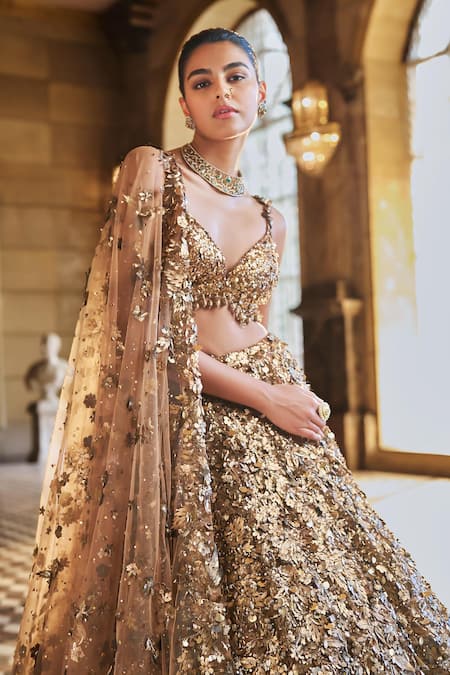Buy_Seema Gujral_Gold Net Applique, Crystals, Sequins, Metallic 3d Embroidered Bridal Lehenga Set _Online_at_Aza_Fashions