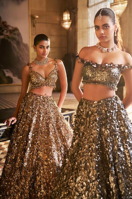 Seema Gujral_Gold Net Applique, Crystals, Sequins, Metallic 3d Embroidered Bridal Lehenga Set _at_Aza_Fashions