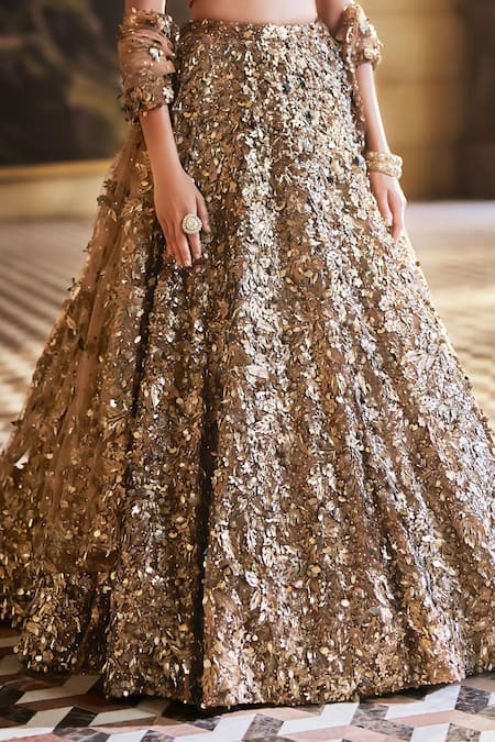 Buy_Seema Gujral_Gold Net Applique, Crystals, Sequins, Metallic 3d Embroidered Bridal Lehenga Set 