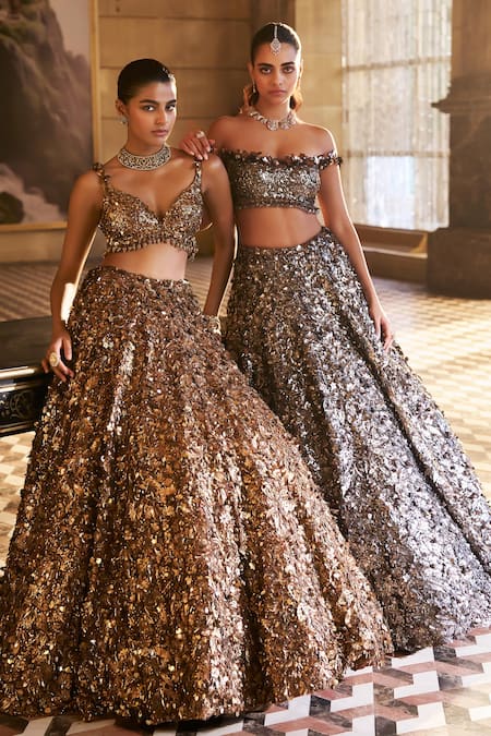 Shop_Seema Gujral_Gold Net Applique, Crystals, Sequins, Metallic 3d Embroidered Bridal Lehenga Set 