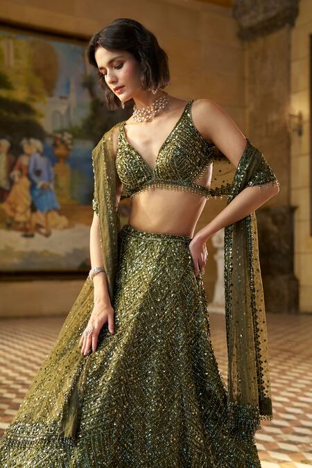 Buy_Seema Gujral_Green Organza, Net Sequins, Crystals, Tassels Moss Embroidered Lehenga Set _Online_at_Aza_Fashions