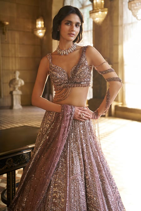 Buy_Seema Gujral_Purple Organza, Net Sequins, Embroidery, Crystals, Tassels Dusty Lehenga Set _Online_at_Aza_Fashions