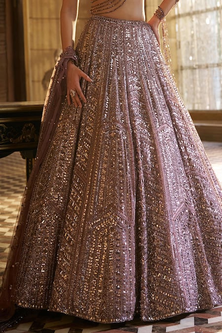 Shop_Seema Gujral_Purple Organza, Net Sequins, Embroidery, Crystals, Tassels Dusty Lehenga Set _Online_at_Aza_Fashions