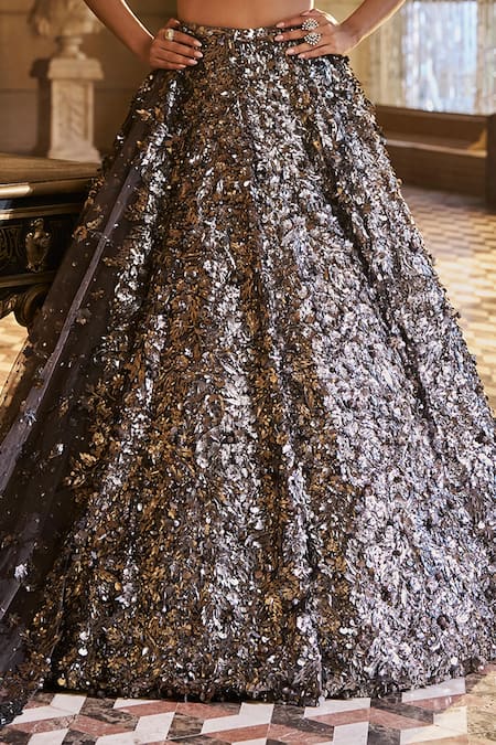 Buy_Seema Gujral_Silver Net Applique, Sequins, Crystals, Tassels Metallic 3d Lehenga Set _Online_at_Aza_Fashions