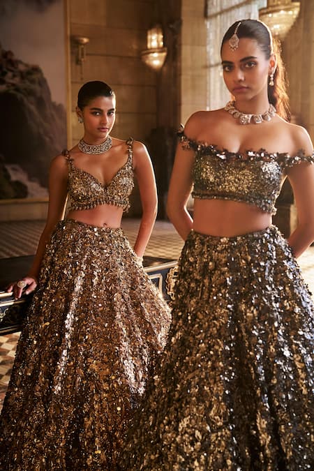 Shop_Seema Gujral_Silver Net Applique, Sequins, Crystals, Tassels Metallic 3d Lehenga Set _Online_at_Aza_Fashions