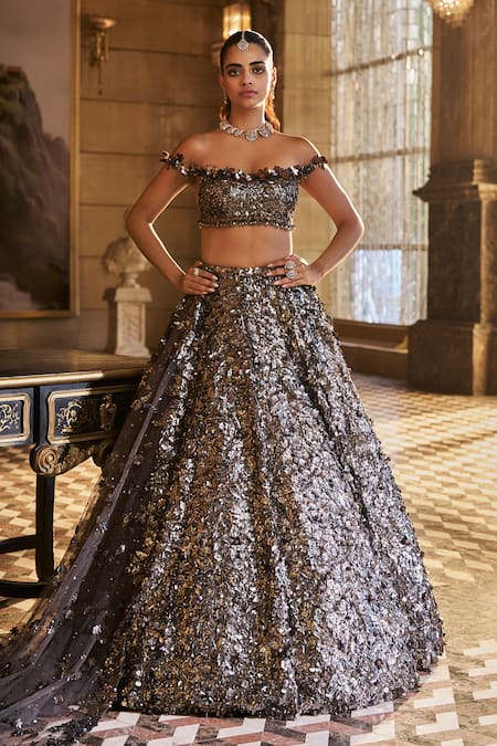 Seema Gujral Metallic Silver 3D Lehenga Set 