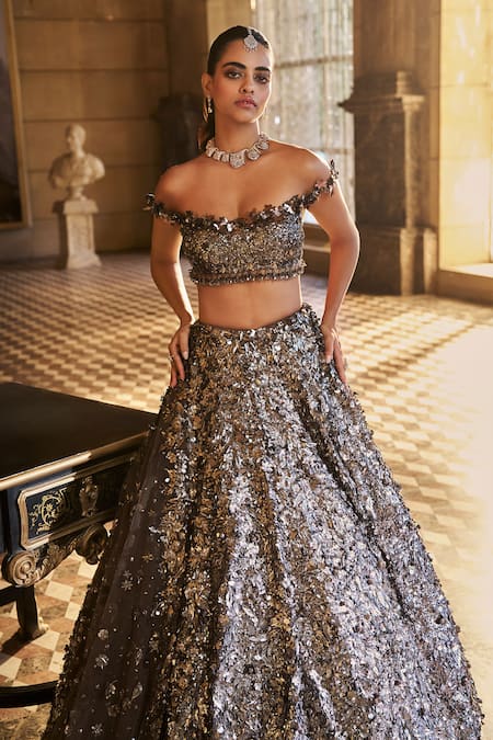 Buy_Seema Gujral_Silver Net Applique, Sequins, Crystals, Tassels Metallic 3d Lehenga Set 