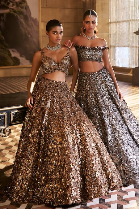 Shop_Seema Gujral_Silver Net Applique, Sequins, Crystals, Tassels Metallic 3d Lehenga Set 