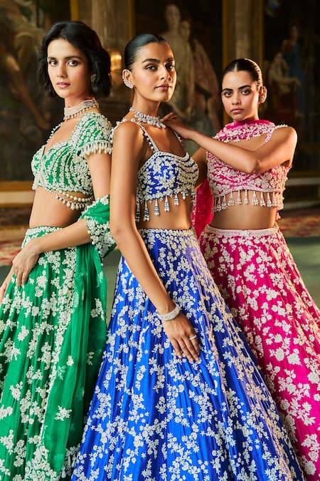 Shop_Seema Gujral_Blue Silk, Organza Embroidery, Pearls, Sequins, Thread Work Lehenga Set _Online_at_Aza_Fashions