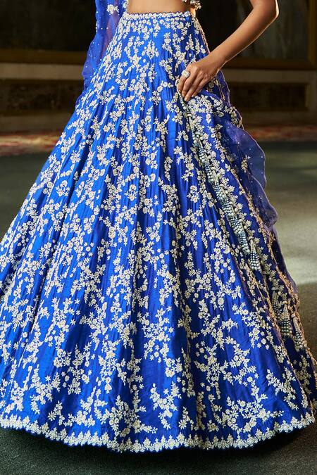 Seema Gujral_Blue Silk, Organza Embroidery, Pearls, Sequins, Thread Work Lehenga Set _at_Aza_Fashions