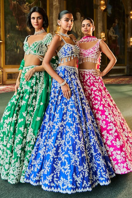 Buy_Seema Gujral_Blue Silk, Organza Embroidery, Pearls, Sequins, Thread Work Lehenga Set 