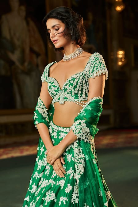 Buy_Seema Gujral_Green Silk, Organza Embroidery, Pearls, Sequins, Thread Work Lehenga Set _Online_at_Aza_Fashions