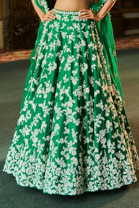 Shop_Seema Gujral_Green Silk, Organza Embroidery, Pearls, Sequins, Thread Work Lehenga Set _Online_at_Aza_Fashions