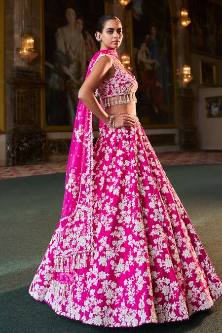 Shop_Seema Gujral_Fuchsia Silk, Organza Embroidery, Pearls, Sequins, Thread Work Lehenga Set _Online_at_Aza_Fashions