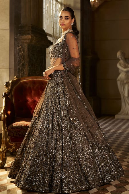 Buy Seema Gujral Charcoal Organza, Net Sequins, Tassels Sweetheart Neck, Embroidered Lehenga Set Online at Aza Fashions Buy_Seema Gujral_Charcoal Organza, Net Sequins, Tassels Sweetheart Neck, Embroidered Lehenga Set _Online_at_Aza_Fashions