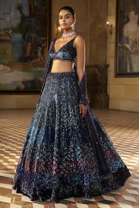 Buy_Seema Gujral_Blue Net Sequins, Tassels V-neck Jewel Tone Embroidered Lehenga Set _Online_at_Aza_Fashions