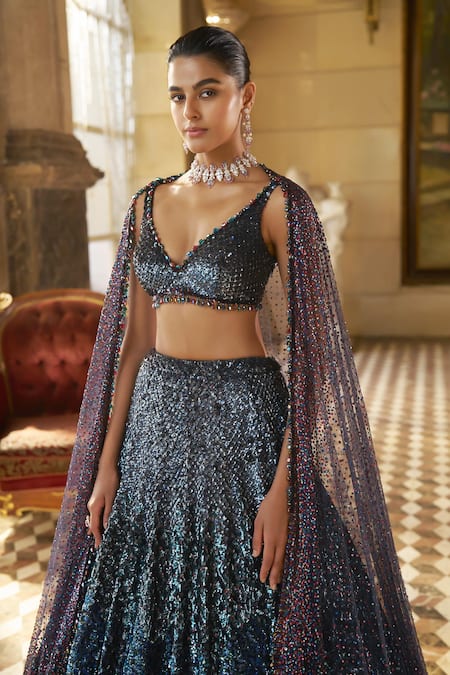 Shop_Seema Gujral_Blue Net Sequins, Tassels V-neck Jewel Tone Embroidered Lehenga Set _Online_at_Aza_Fashions