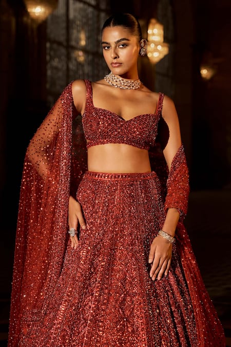 Buy Seema Gujral Red Net Crystals, Sequins, Beads, Embroidery Sweetheart Neck Brick Lehenga Set Online at Aza Fashions Buy_Seema Gujral_Red Net Crystals, Sequins, Beads, Embroidery Sweetheart Neck Brick Lehenga Set _Online_at_Aza_Fashions