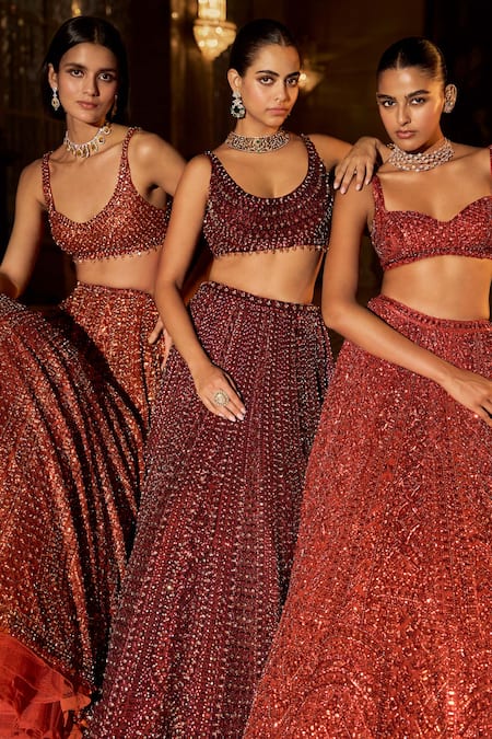 Shop Seema Gujral Red Net Crystals, Sequins, Beads, Embroidery Sweetheart Neck Brick Lehenga Set Online at Aza Fashions Shop_Seema Gujral_Red Net Crystals, Sequins, Beads, Embroidery Sweetheart Neck Brick Lehenga Set _Online_at_Aza_Fashions