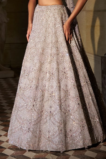 Buy_Seema Gujral_Silver Net, Organza Crystals, Stones, Embroidery, Tassels V-neck Lehenga Set _Online_at_Aza_Fashions