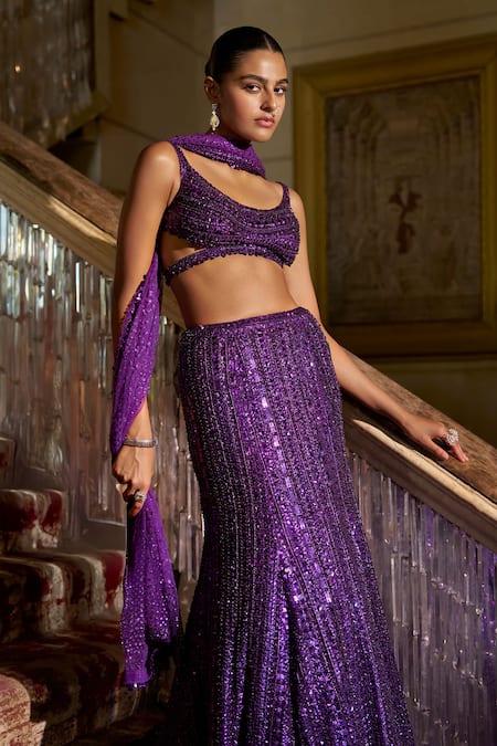 Buy_Seema Gujral_Purple Net Sequins, Tassels Sweetheart , Halter Mermaid Skirt Set _Online_at_Aza_Fashions
