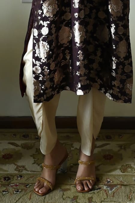 Shorshe Clothing_Brown Brocade, Silk Embroidery, Lace Rajbaari Floral Kaftan And Dhoti Pant Set _Online_at_Aza_Fashions