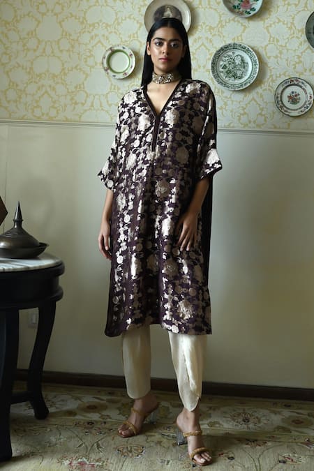 Buy_Shorshe Clothing_Brown Brocade, Silk Embroidery, Lace Rajbaari Floral Kaftan And Dhoti Pant Set _Online_at_Aza_Fashions
