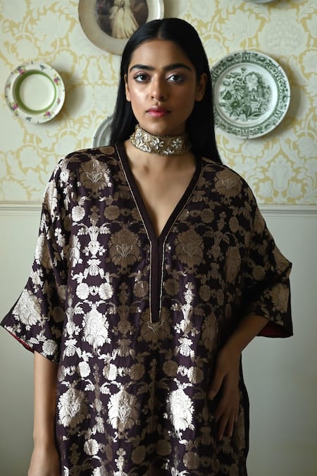 Shop_Shorshe Clothing_Brown Brocade, Silk Embroidery, Lace Rajbaari Floral Kaftan And Dhoti Pant Set _Online_at_Aza_Fashions
