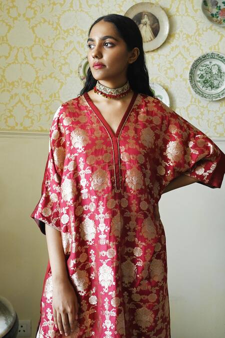 Shorshe Clothing_Red Brocade, Silk Embroidery, Lace Rajbaari Floral Kurta And Dhoti Pant Set _Online_at_Aza_Fashions