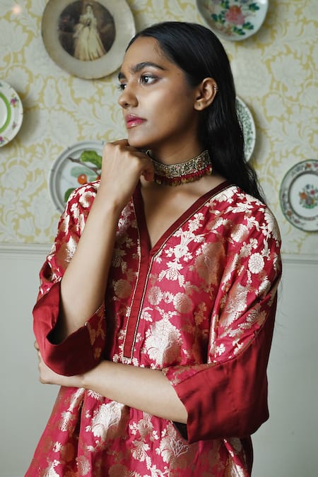 Shorshe Clothing_Red Brocade, Silk Embroidery, Lace Rajbaari Floral Kurta And Dhoti Pant Set _at_Aza_Fashions
