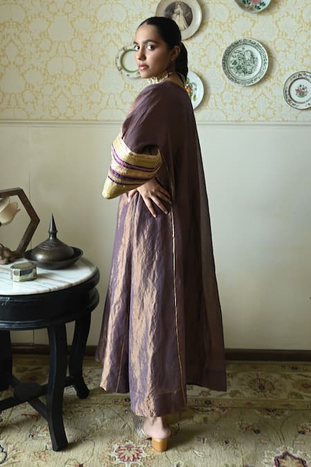 Shorshe Clothing_Purple Tissue Embroidery, Lace V-neck Waheeda Metallic Hand Kaftan _Online_at_Aza_Fashions