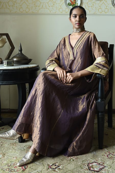 Shop_Shorshe Clothing_Purple Tissue Embroidery, Lace V-neck Waheeda Metallic Hand Kaftan _Online_at_Aza_Fashions
