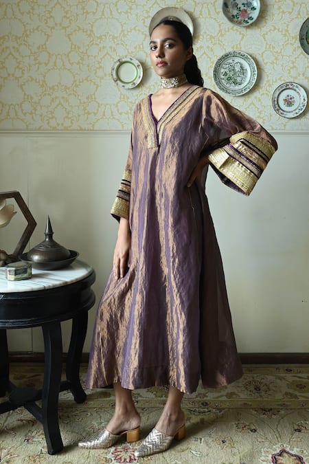 Shorshe Clothing Waheeda Metallic Tissue Hand Embroidered Kaftan 