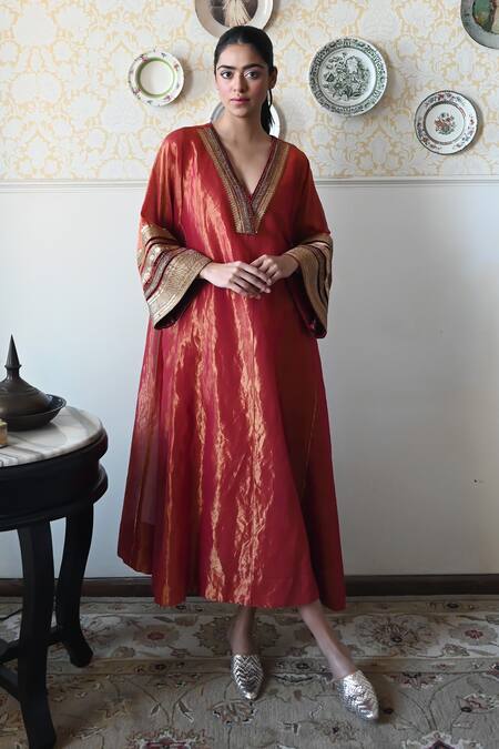 Buy_Shorshe Clothing_Red Tissue Embroidery, Lace V-neck Waheeda Hand Kaftan _Online_at_Aza_Fashions