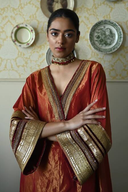 Shop_Shorshe Clothing_Red Tissue Embroidery, Lace V-neck Waheeda Hand Kaftan _Online_at_Aza_Fashions