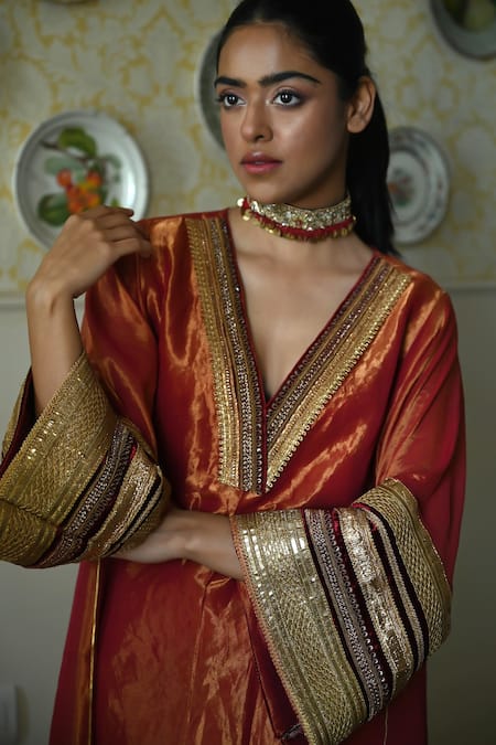 Shorshe Clothing_Red Tissue Embroidery, Lace V-neck Waheeda Hand Kaftan _at_Aza_Fashions