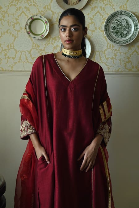Buy_Shorshe Clothing_Red Silk Embroidery, Lace V-neck Taj Raw Kaftan And Pant Set _Online_at_Aza_Fashions