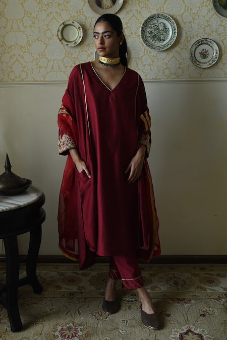 Shop_Shorshe Clothing_Red Silk Embroidery, Lace V-neck Taj Raw Kaftan And Pant Set _Online_at_Aza_Fashions