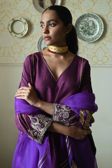 Shorshe Clothing_Purple Silk Lace, Embroidery V-neck Taj Raw Kaftan And Pant Set _Online_at_Aza_Fashions