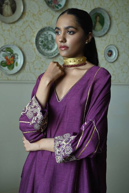 Buy_Shorshe Clothing_Purple Silk Lace, Embroidery V-neck Taj Raw Kaftan And Pant Set _Online_at_Aza_Fashions