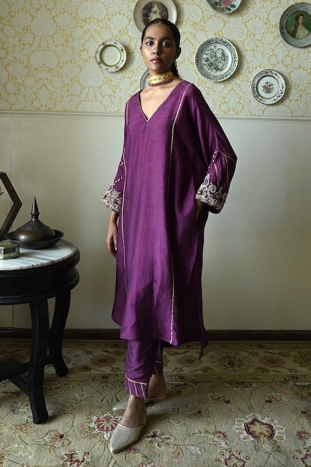 Shorshe Clothing_Purple Silk Lace, Embroidery V-neck Taj Raw Kaftan And Pant Set _at_Aza_Fashions