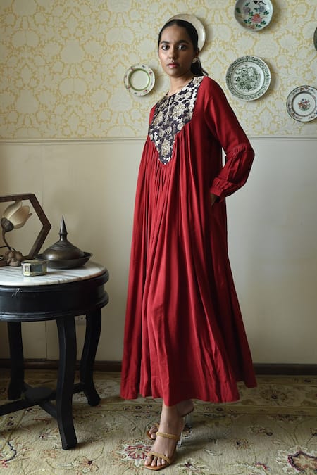 Shop_Shorshe Clothing_Red Silk Embroidery, Lace Round Neck Vaani Brocade Woven Dress _Online_at_Aza_Fashions