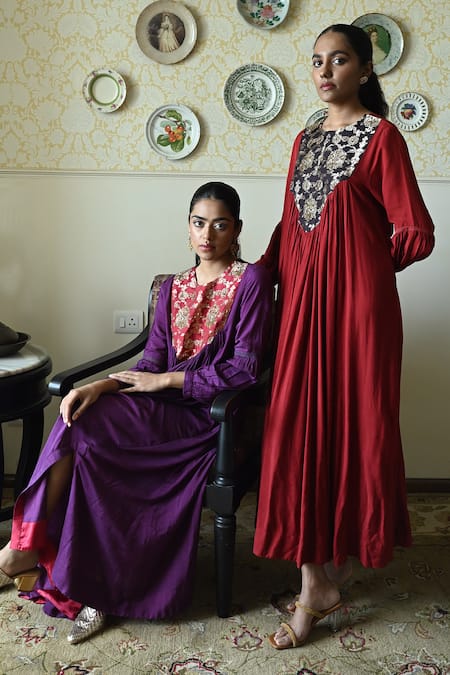 Shorshe Clothing_Red Silk Embroidery, Lace Round Neck Vaani Brocade Woven Dress _at_Aza_Fashions