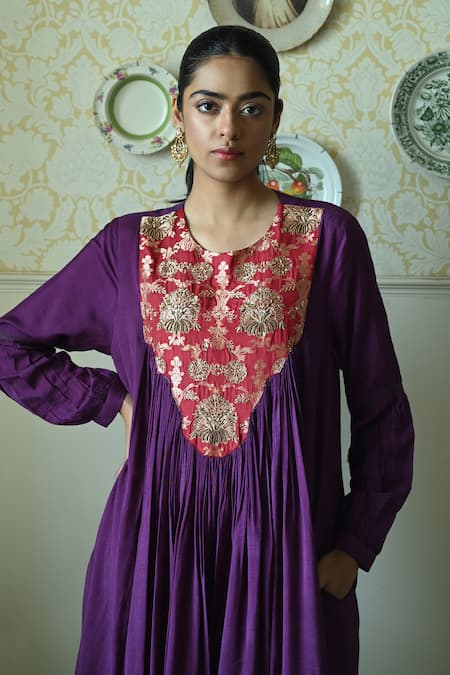 Shorshe Clothing_Purple Silk Embroidery, Lace Round Neck Vaani Brocade Yoke Woven Dress _Online_at_Aza_Fashions