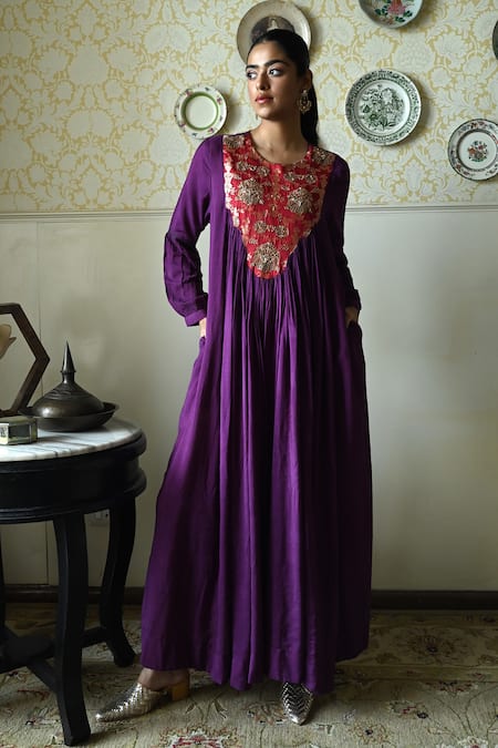Shop_Shorshe Clothing_Purple Silk Embroidery, Lace Round Neck Vaani Brocade Yoke Woven Dress _Online_at_Aza_Fashions