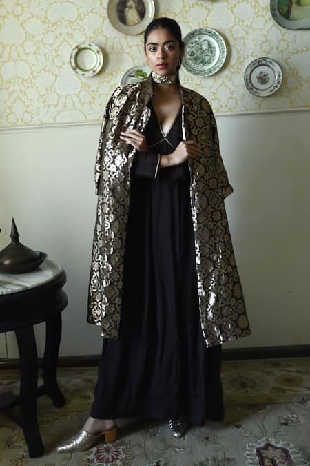 Shorshe Clothing_Brown Silk Embroidery, Lace V-neck Princess Hand Dress _at_Aza_Fashions