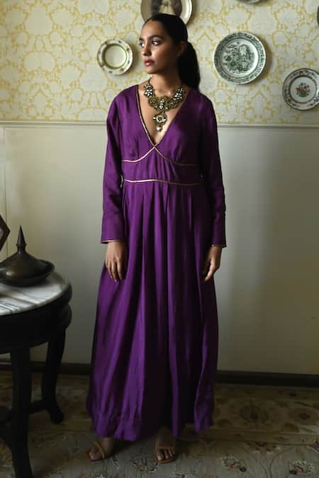 Shorshe Clothing_Purple Silk Embroidery, Lace V-neck Princess Hand Dress _Online_at_Aza_Fashions