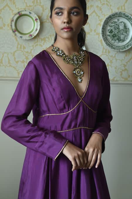 Buy_Shorshe Clothing_Purple Silk Embroidery, Lace V-neck Princess Hand Dress _Online_at_Aza_Fashions