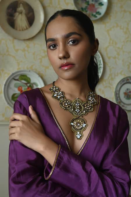 Shop_Shorshe Clothing_Purple Silk Embroidery, Lace V-neck Princess Hand Dress _Online_at_Aza_Fashions